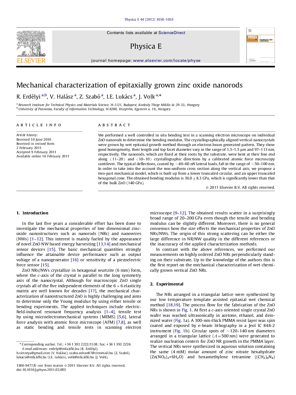 عکس صفحه اول مقاله: Mechanical characterization of epitaxially grown zinc oxide nanorods Mechanical characterization of epitaxially grown zinc oxide nanorods