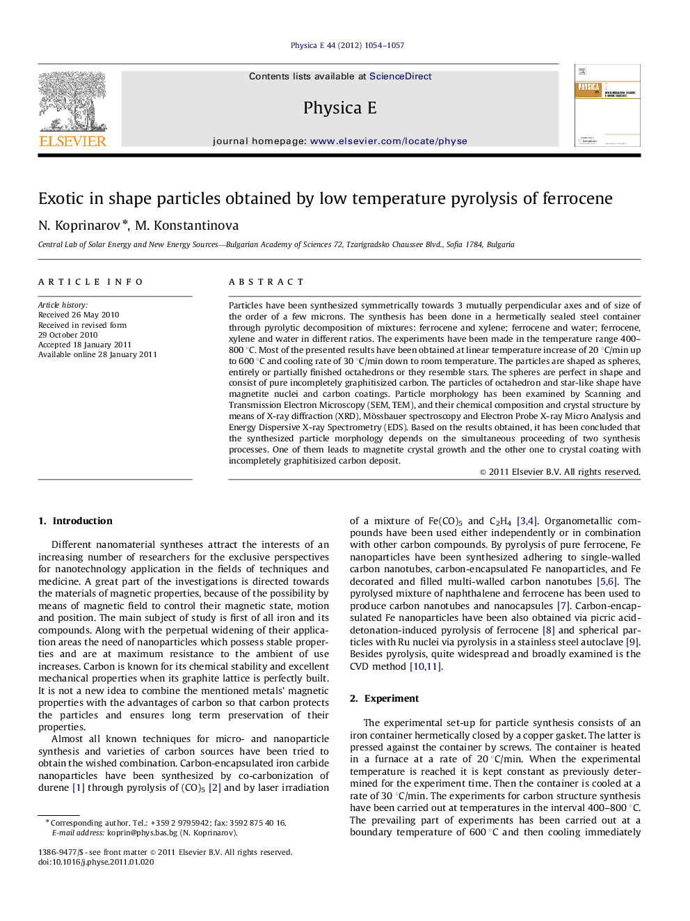 عکس صفحه اول مقاله: Exotic in shape particles obtained by low temperature pyrolysis of ferrocene Exotic in shape particles obtained by low temperature pyrolysis of ferrocene
