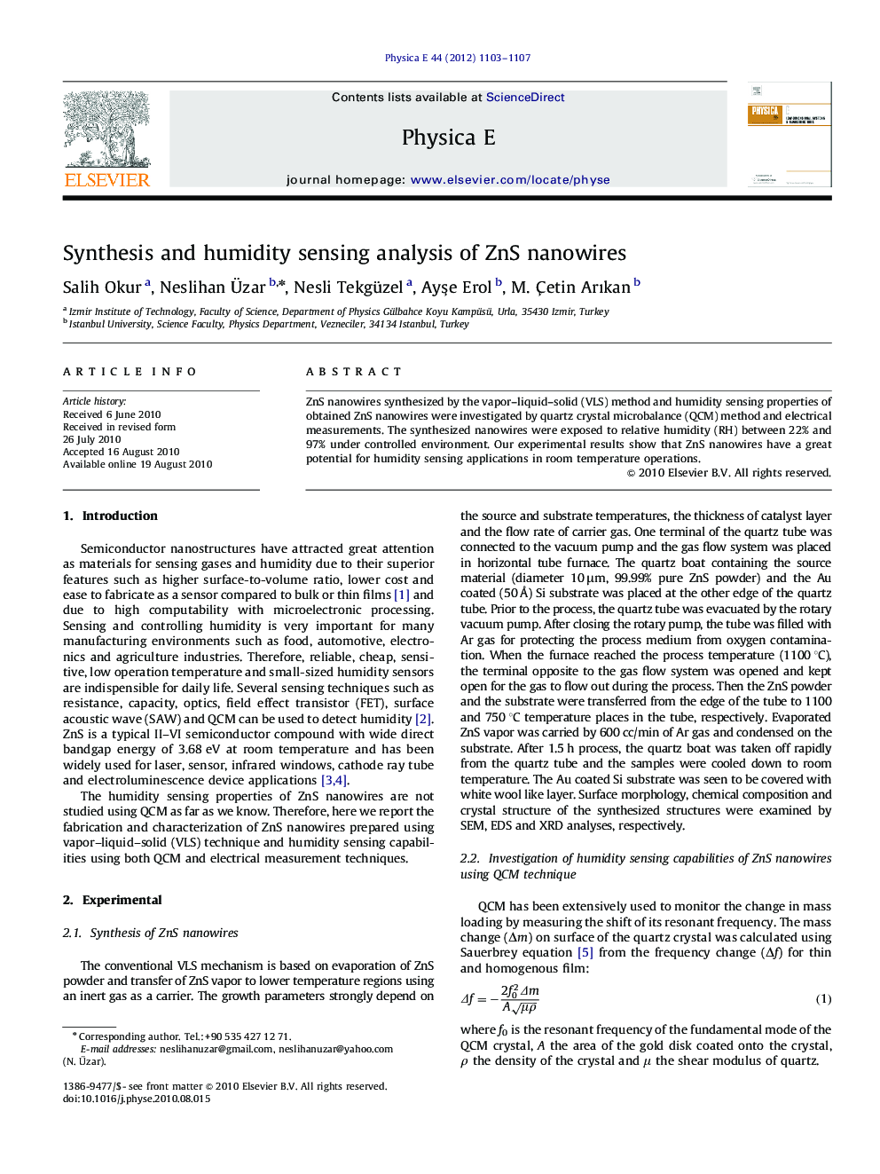 Synthesis and humidity sensing analysis of ZnS nanowires
