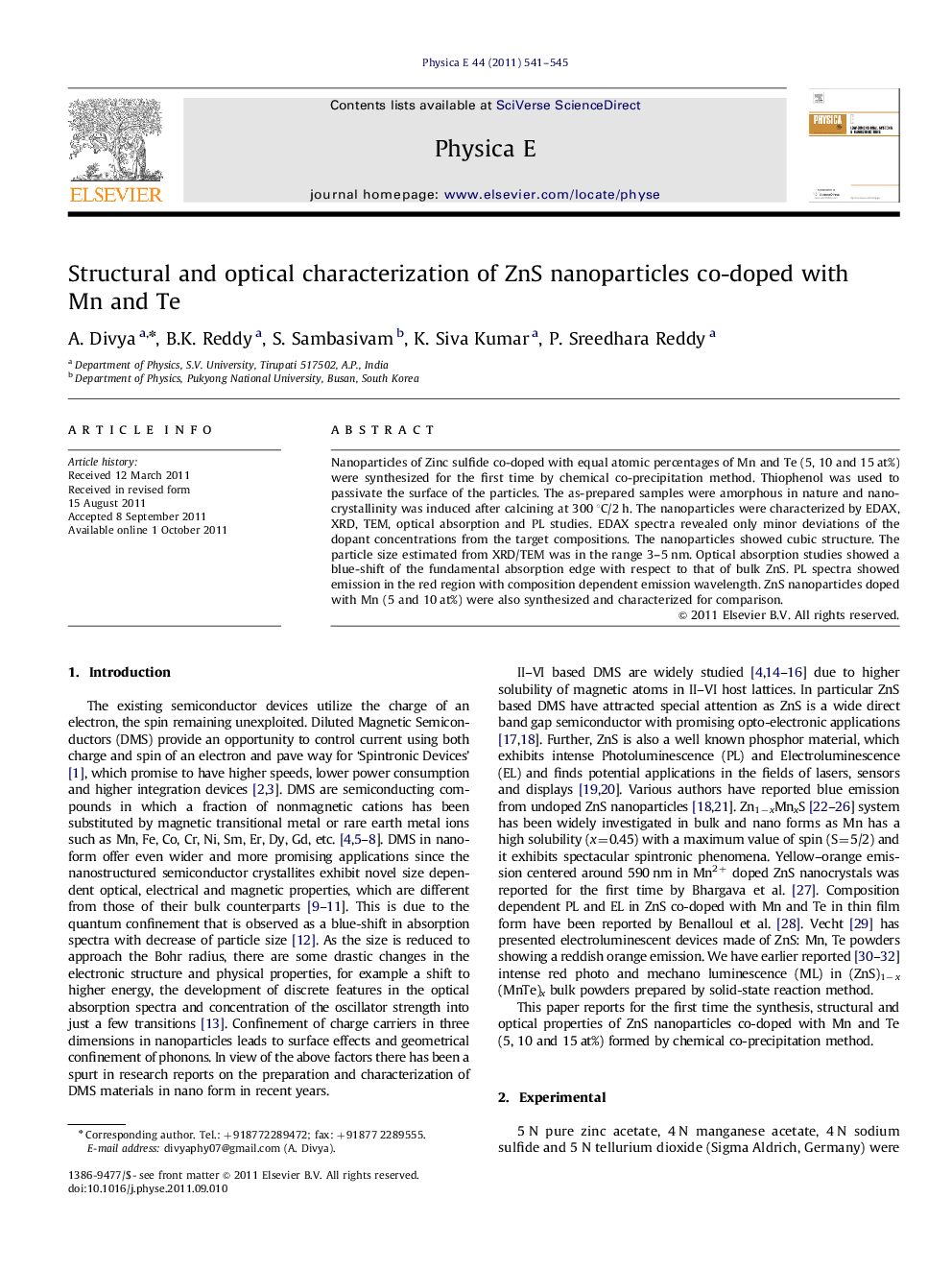 عکس صفحه اول مقاله: Structural and optical characterization of ZnS nanoparticles co-doped with Mn and Te Structural and optical characterization of ZnS nanoparticles co-doped with Mn and Te