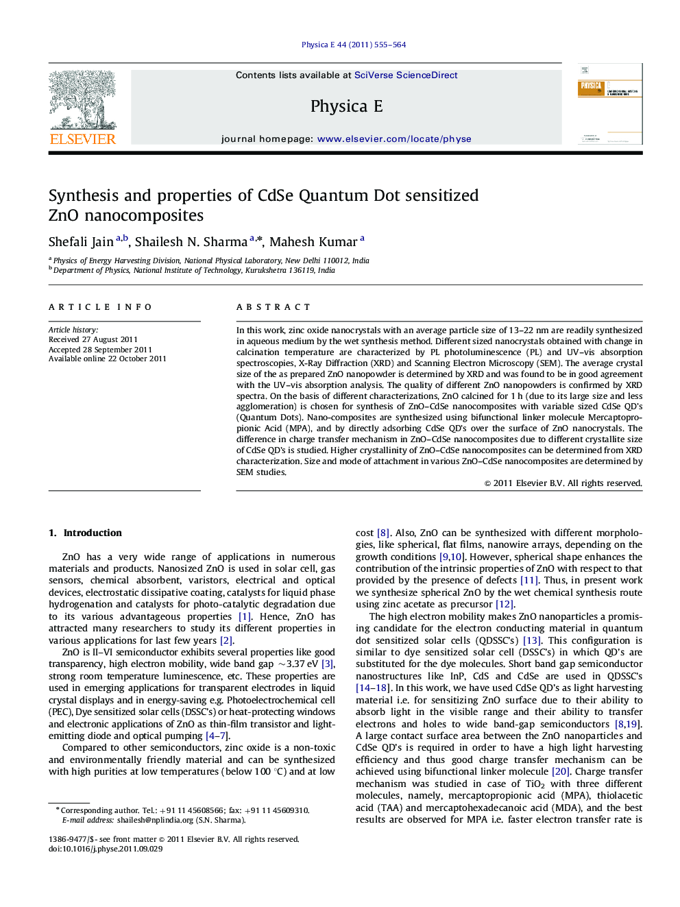 عکس صفحه اول مقاله: Synthesis and properties of CdSe Quantum Dot sensitized ZnO nanocomposites Synthesis and properties of CdSe Quantum Dot sensitized ZnO nanocomposites
