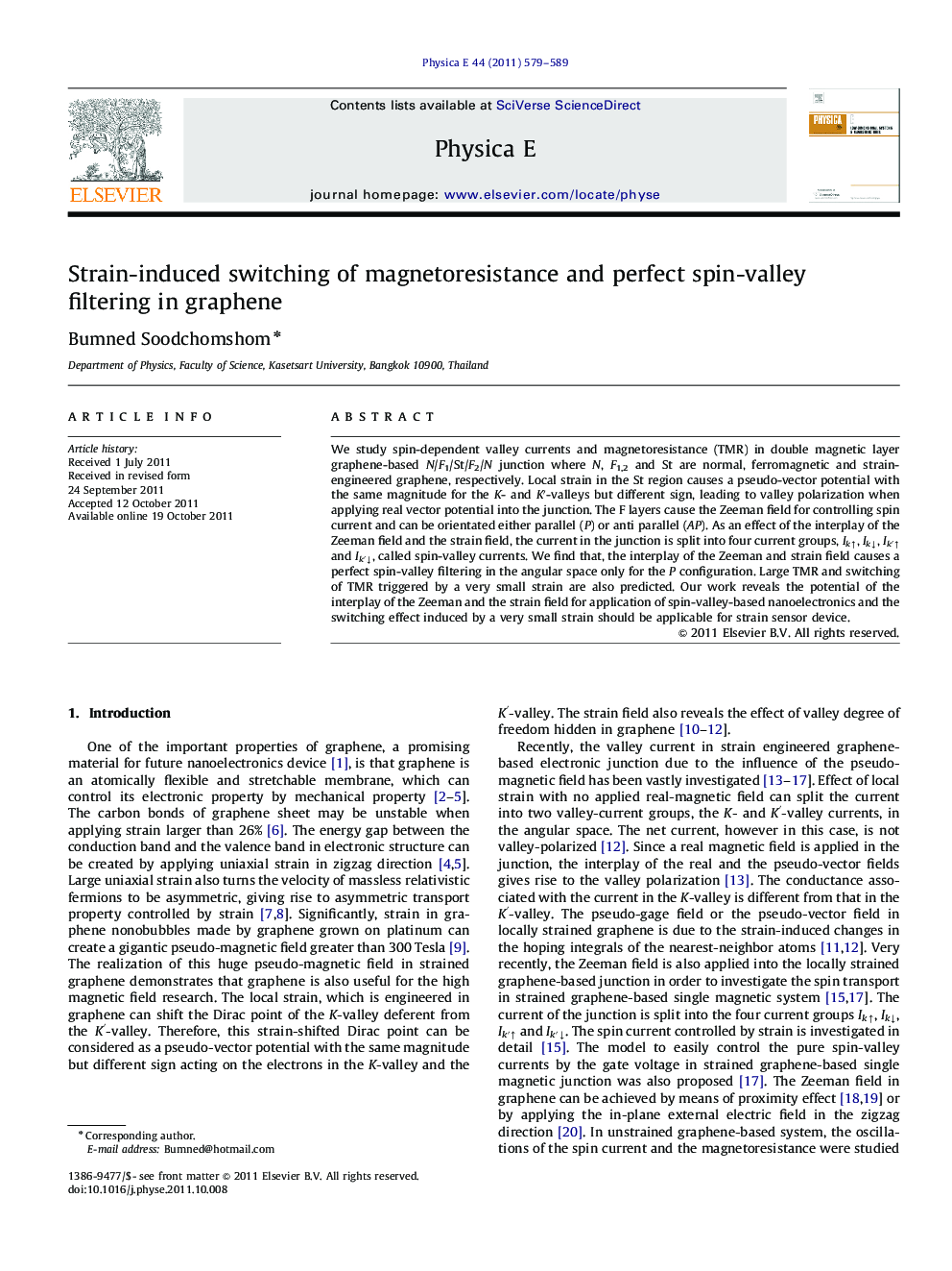عکس صفحه اول مقاله: Strain-induced switching of magnetoresistance and perfect spin-valley filtering in graphene Strain-induced switching of magnetoresistance and perfect spin-valley filtering in graphene