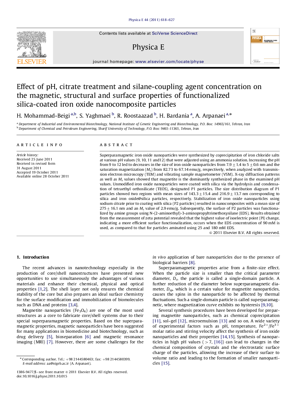 عکس صفحه اول مقاله: Effect of pH, citrate treatment and silane-coupling agent concentration on the magnetic, structural and surface properties of functionalized silica-coated iron oxide nanocomposite particles Effect of pH, citrate treatment and silane-coupling agent concentration on the magnetic, structural and surface properties of functionalized silica-coated iron oxide nanocomposite particles