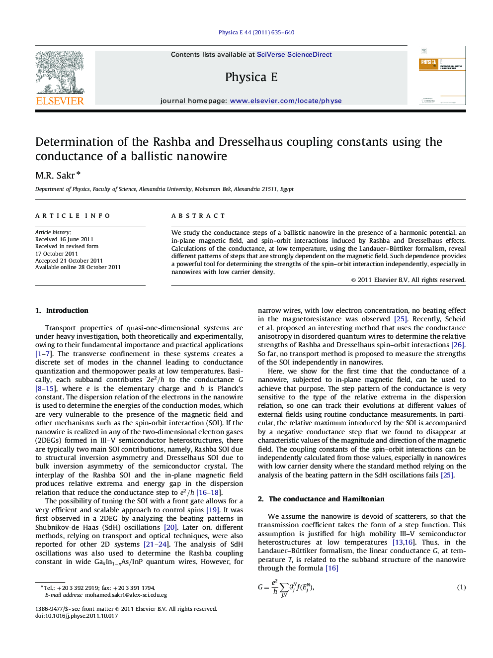 عکس صفحه اول مقاله: Determination of the Rashba and Dresselhaus coupling constants using the conductance of a ballistic nanowire Determination of the Rashba and Dresselhaus coupling constants using the conductance of a ballistic nanowire