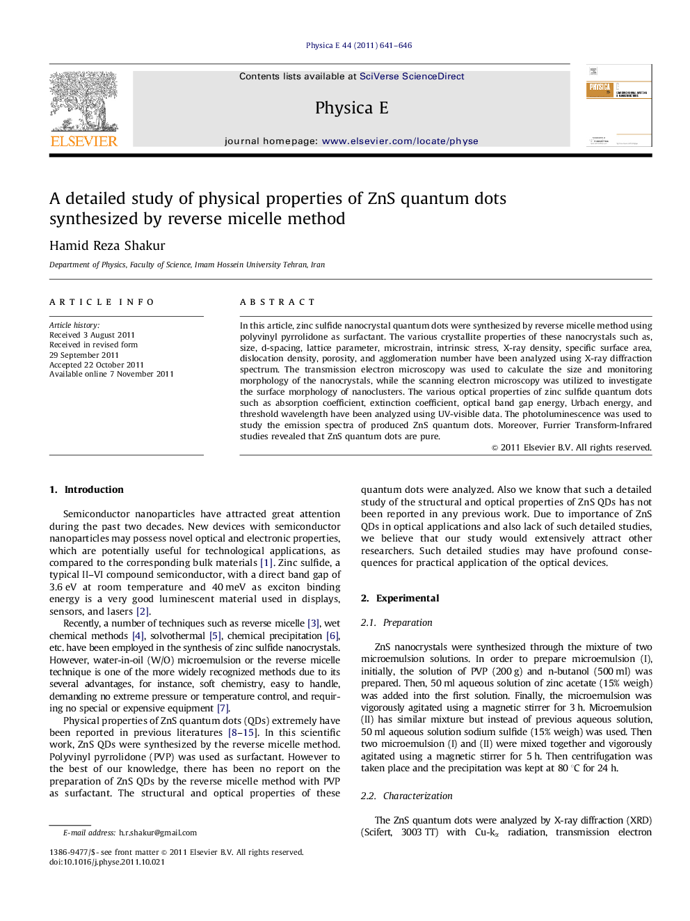 عکس صفحه اول مقاله: A detailed study of physical properties of ZnS quantum dots synthesized by reverse micelle method A detailed study of physical properties of ZnS quantum dots synthesized by reverse micelle method