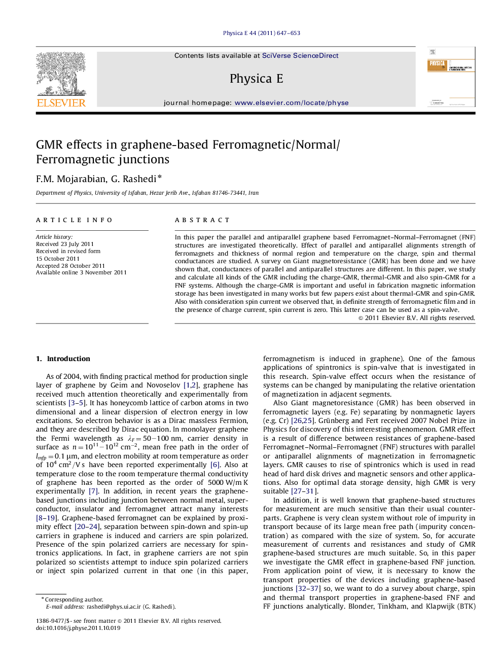 عکس صفحه اول مقاله: GMR effects in graphene-based Ferromagnetic/Normal/Ferromagnetic junctions GMR effects in graphene-based Ferromagnetic/Normal/Ferromagnetic junctions