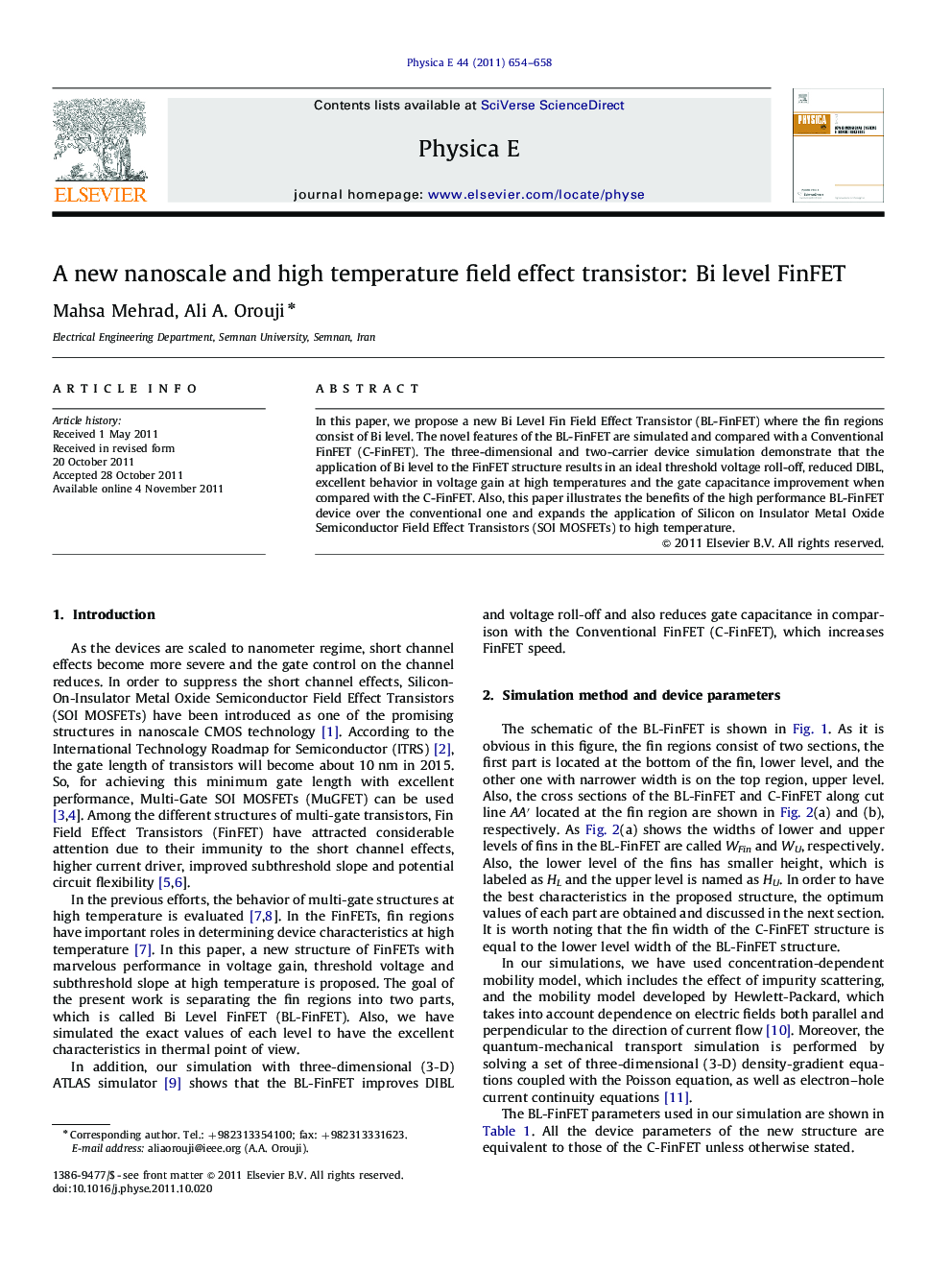 عکس صفحه اول مقاله: A new nanoscale and high temperature field effect transistor: Bi level FinFET A new nanoscale and high temperature field effect transistor: Bi level FinFET