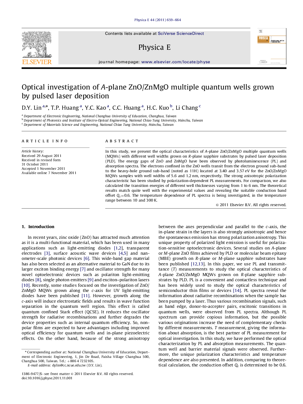 عکس صفحه اول مقاله: Optical investigation of A-plane ZnO/ZnMgO multiple quantum wells grown by pulsed laser deposition Optical investigation of A-plane ZnO/ZnMgO multiple quantum wells grown by pulsed laser deposition