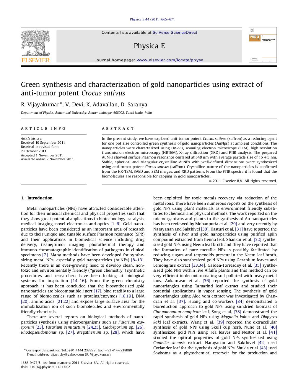 عکس صفحه اول مقاله: Green synthesis and characterization of gold nanoparticles using extract of anti-tumor potent Crocus sativus Green synthesis and characterization of gold nanoparticles using extract of anti-tumor potent Crocus sativus