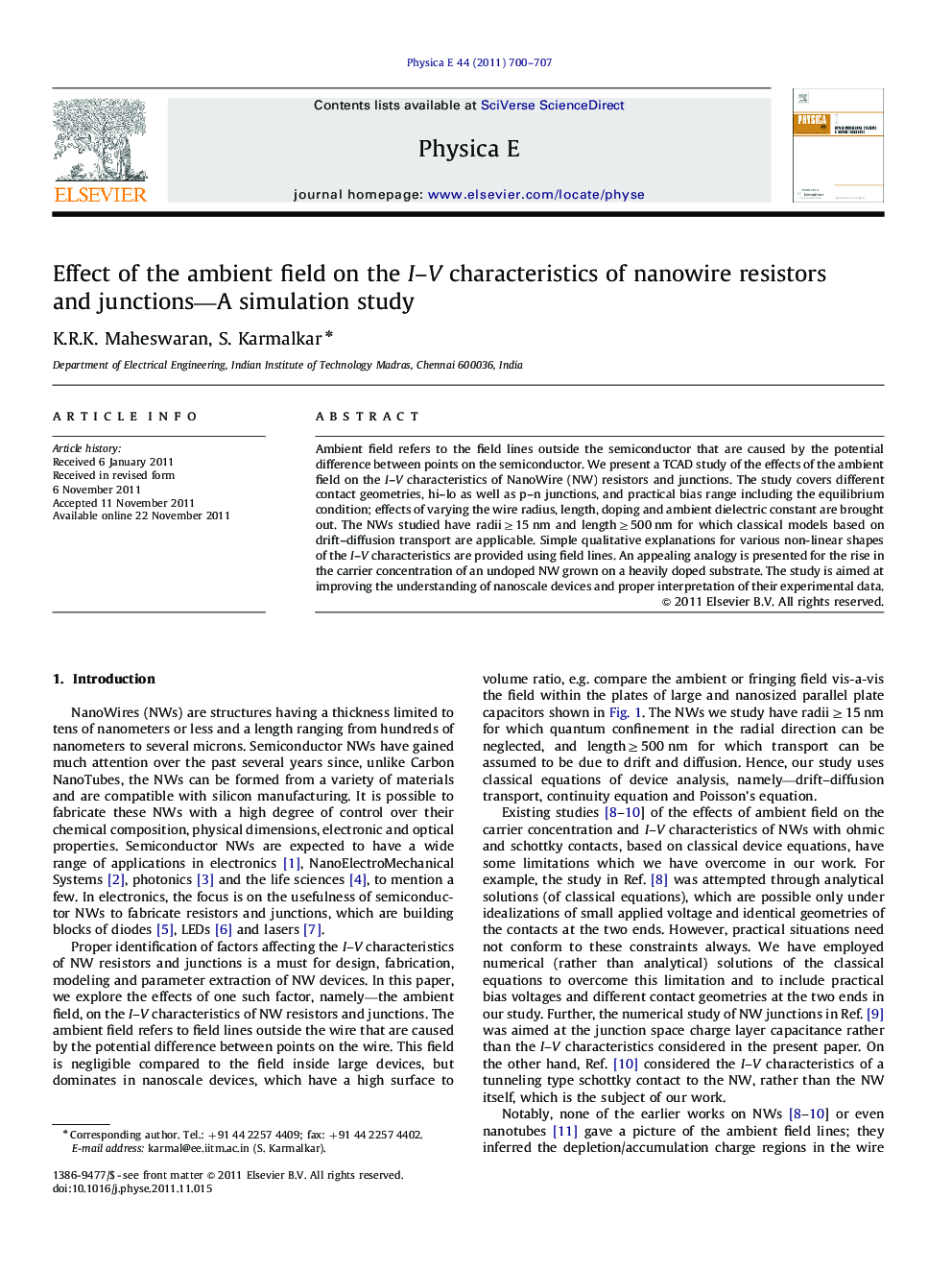 عکس صفحه اول مقاله: Effect of the ambient field on the I–V characteristics of nanowire resistors and junctions—A simulation study Effect of the ambient field on the I–V characteristics of nanowire resistors and junctions—A simulation study