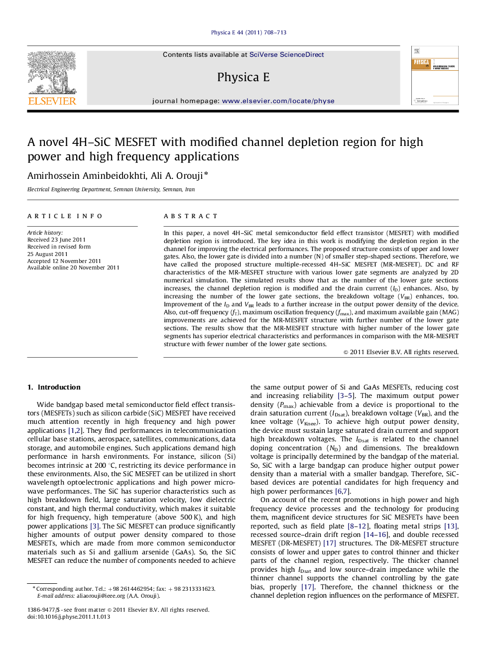 عکس صفحه اول مقاله: A novel 4H–SiC MESFET with modified channel depletion region for high power and high frequency applications A novel 4H–SiC MESFET with modified channel depletion region for high power and high frequency applications