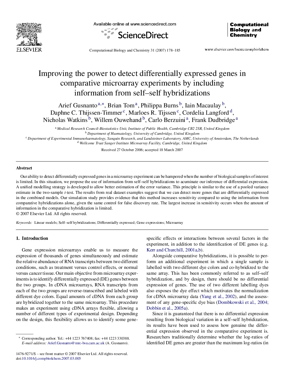 Improving the power to detect differentially expressed genes in comparative microarray experiments by including information from self–self hybridizations