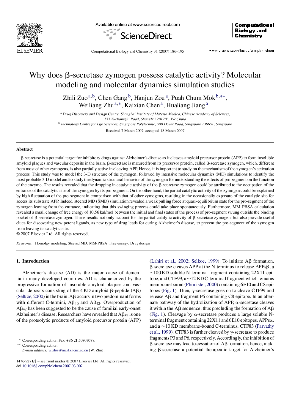 Why does β-secretase zymogen possess catalytic activity? Molecular modeling and molecular dynamics simulation studies