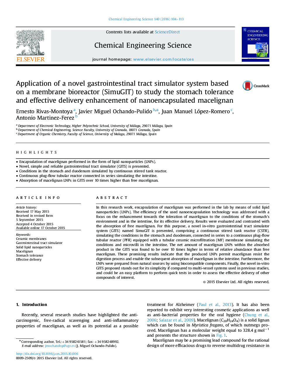 Application of a novel gastrointestinal tract simulator system based on a membrane bioreactor (SimuGIT) to study the stomach tolerance and effective delivery enhancement of nanoencapsulated macelignan