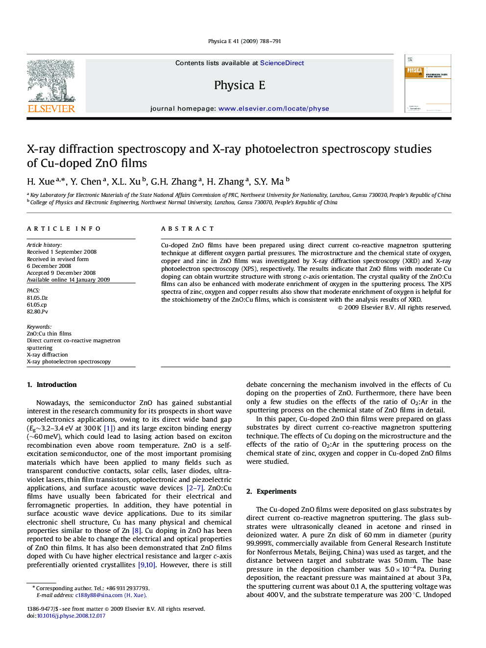 X-ray diffraction spectroscopy and X-ray photoelectron spectroscopy studies of Cu-doped ZnO films