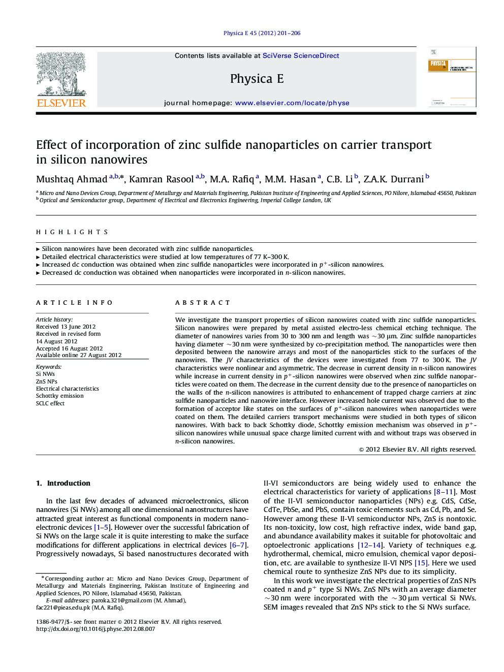 Effect of incorporation of zinc sulfide nanoparticles on carrier transport in silicon nanowires