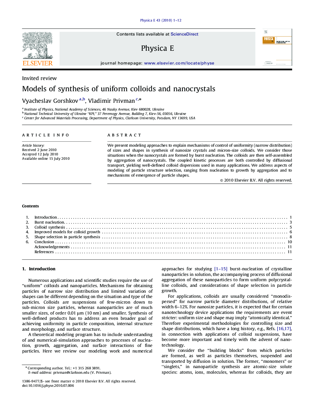 عکس صفحه اول مقاله: Models of synthesis of uniform colloids and nanocrystals Models of synthesis of uniform colloids and nanocrystals