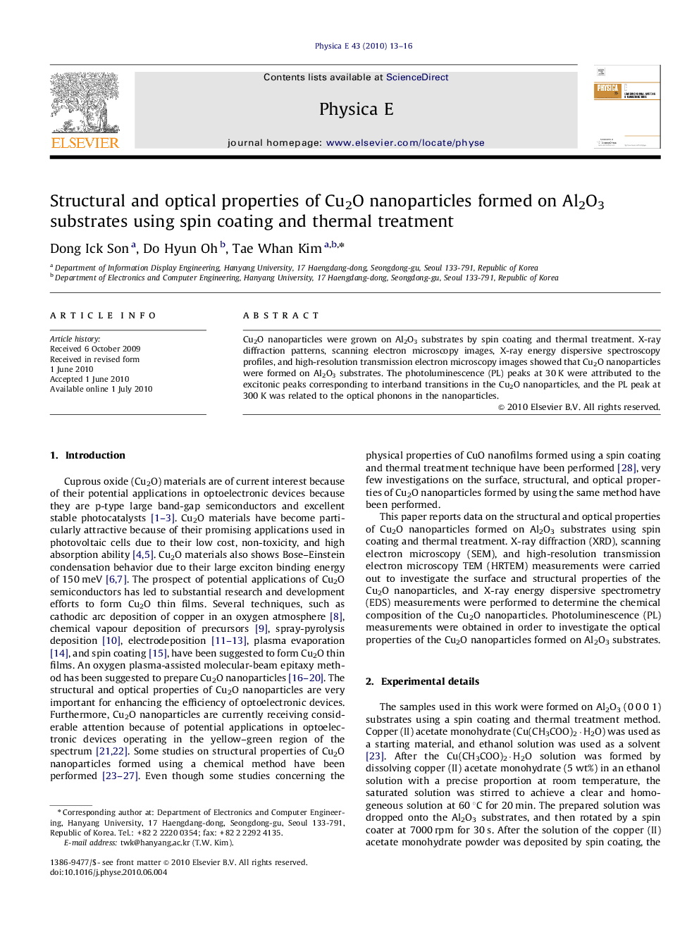 عکس صفحه اول مقاله: Structural and optical properties of Cu2O nanoparticles formed on Al2O3 substrates using spin coating and thermal treatment Structural and optical properties of Cu2O nanoparticles formed on Al2O3 substrates using spin coating and thermal treatment