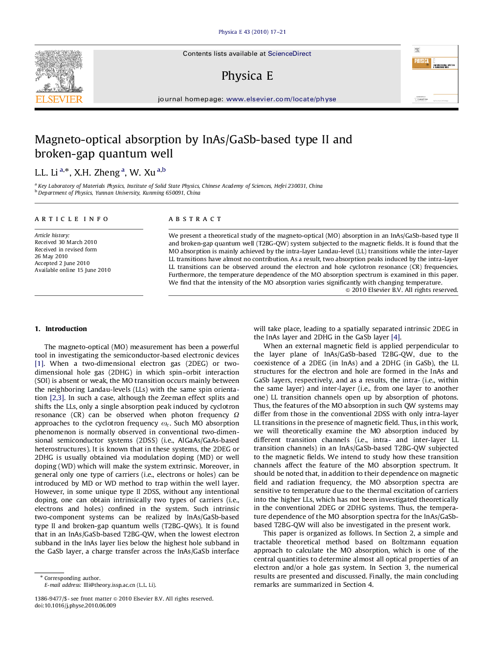 عکس صفحه اول مقاله: Magneto-optical absorption by InAs/GaSb-based type II and broken-gap quantum well Magneto-optical absorption by InAs/GaSb-based type II and broken-gap quantum well