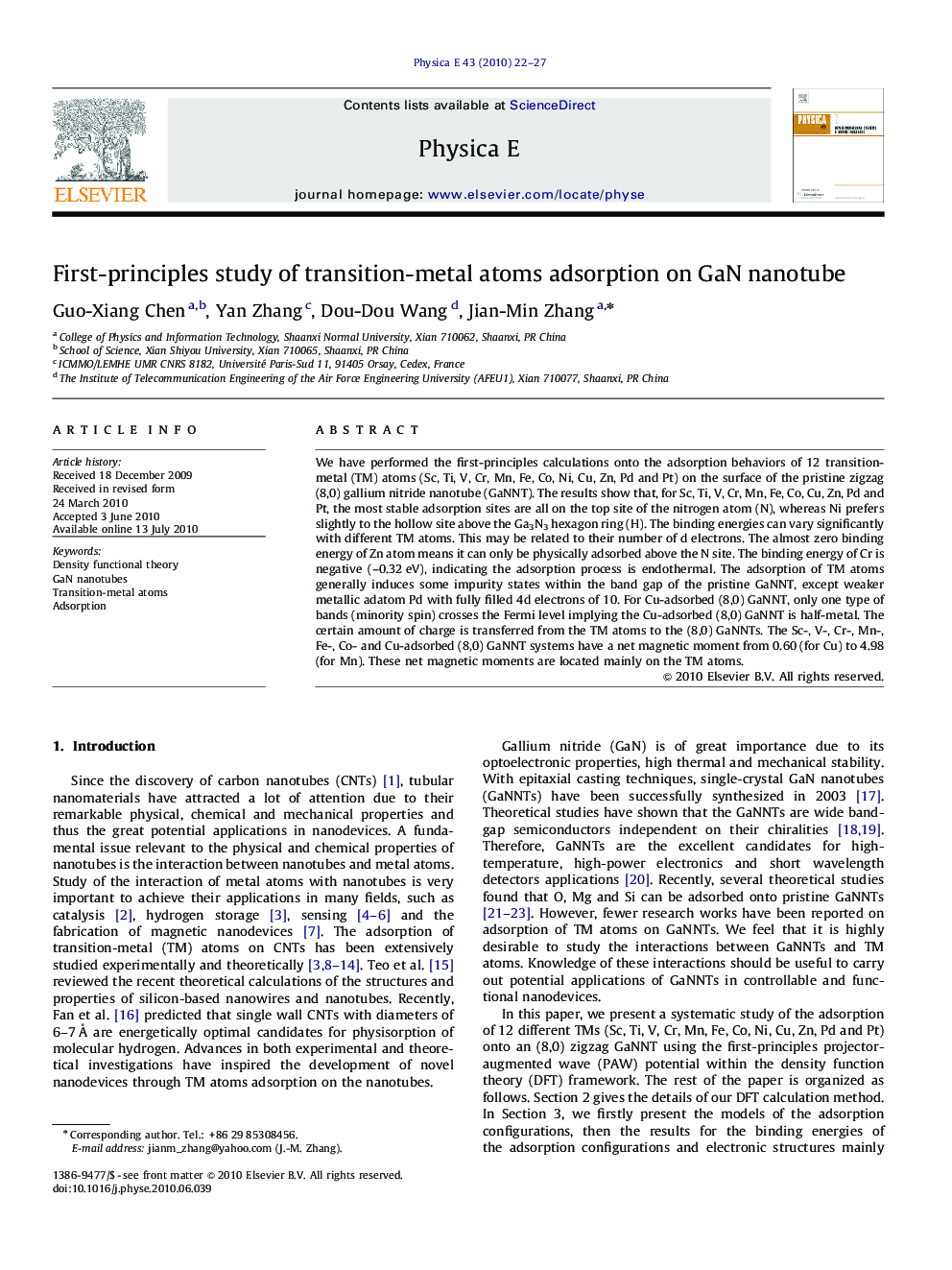 عکس صفحه اول مقاله: First-principles study of transition-metal atoms adsorption on GaN nanotube First-principles study of transition-metal atoms adsorption on GaN nanotube