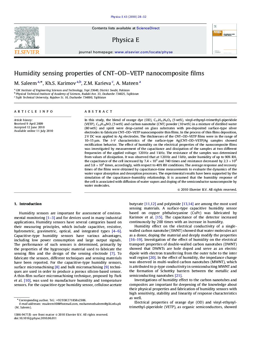 عکس صفحه اول مقاله: Humidity sensing properties of CNT–OD–VETP nanocomposite films Humidity sensing properties of CNT–OD–VETP nanocomposite films