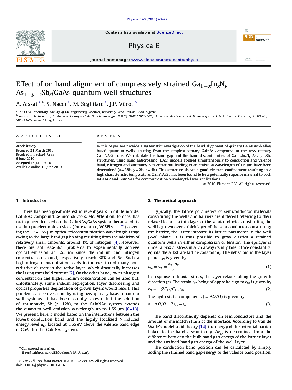 عکس صفحه اول مقاله: Effect of on band alignment of compressively strained Ga1−xInxNy As1−y−zSbz/GaAs quantum well structures Effect of on band alignment of compressively strained Ga1−xInxNy As1−y−zSbz/GaAs quantum well structures