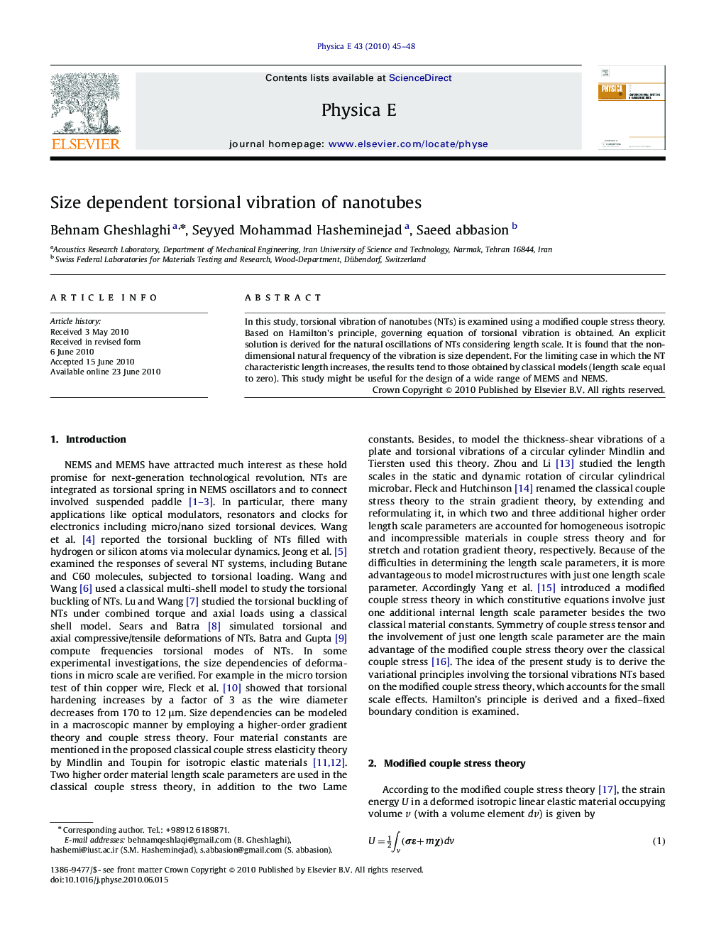 عکس صفحه اول مقاله: Size dependent torsional vibration of nanotubes Size dependent torsional vibration of nanotubes