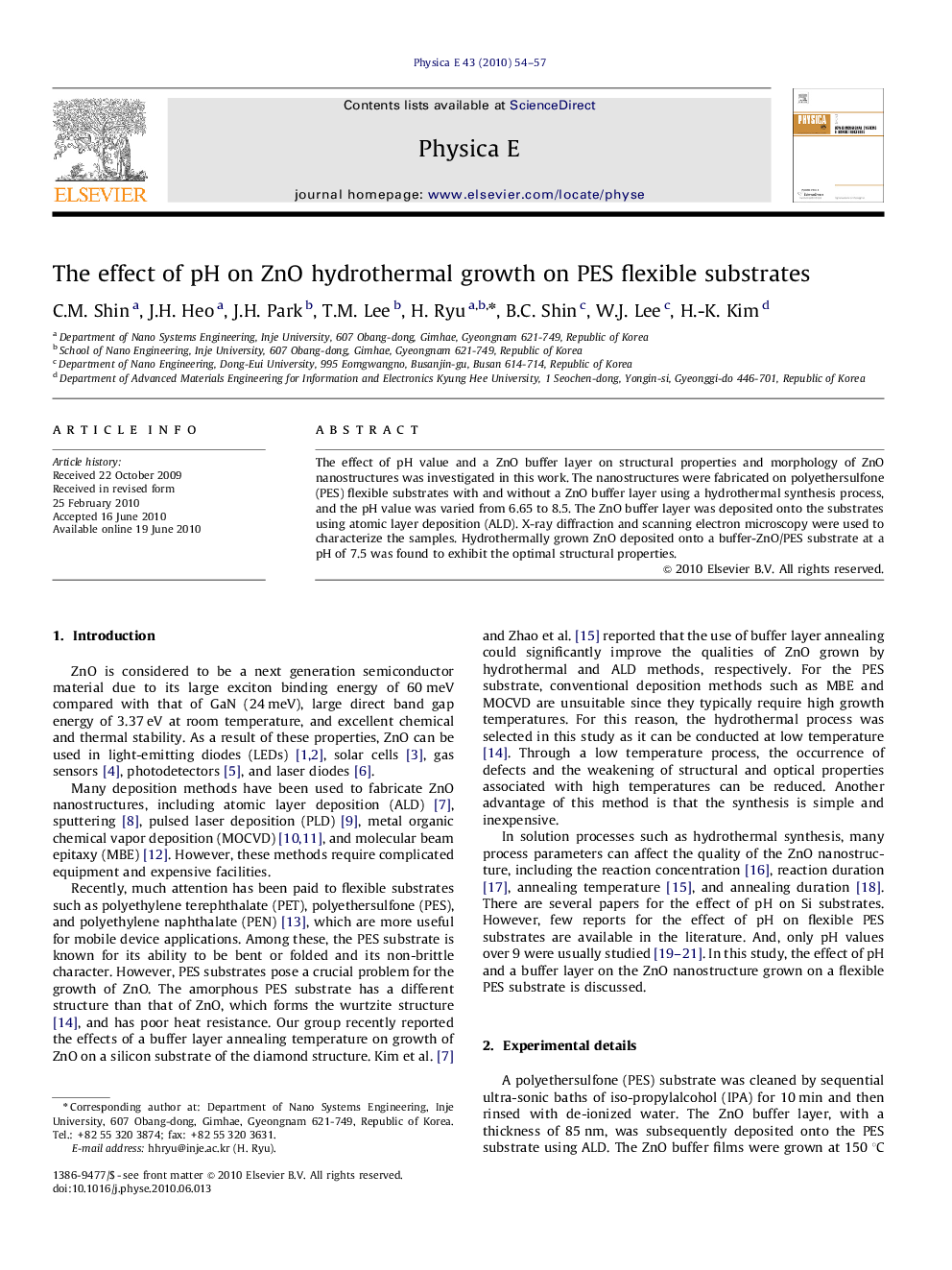 عکس صفحه اول مقاله: The effect of pH on ZnO hydrothermal growth on PES flexible substrates The effect of pH on ZnO hydrothermal growth on PES flexible substrates