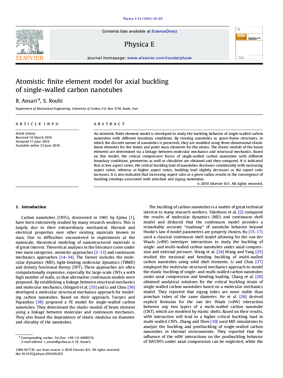 عکس صفحه اول مقاله: Atomistic finite element model for axial buckling of single-walled carbon nanotubes Atomistic finite element model for axial buckling of single-walled carbon nanotubes