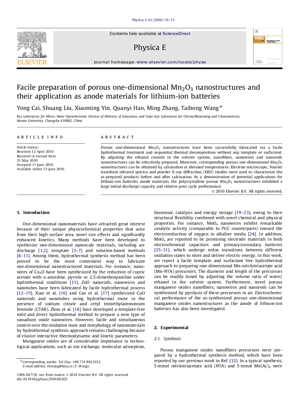 عکس صفحه اول مقاله: Facile preparation of porous one-dimensional Mn2O3 nanostructures and their application as anode materials for lithium-ion batteries Facile preparation of porous one-dimensional Mn2O3 nanostructures and their application as anode materials for lithium-ion batteries