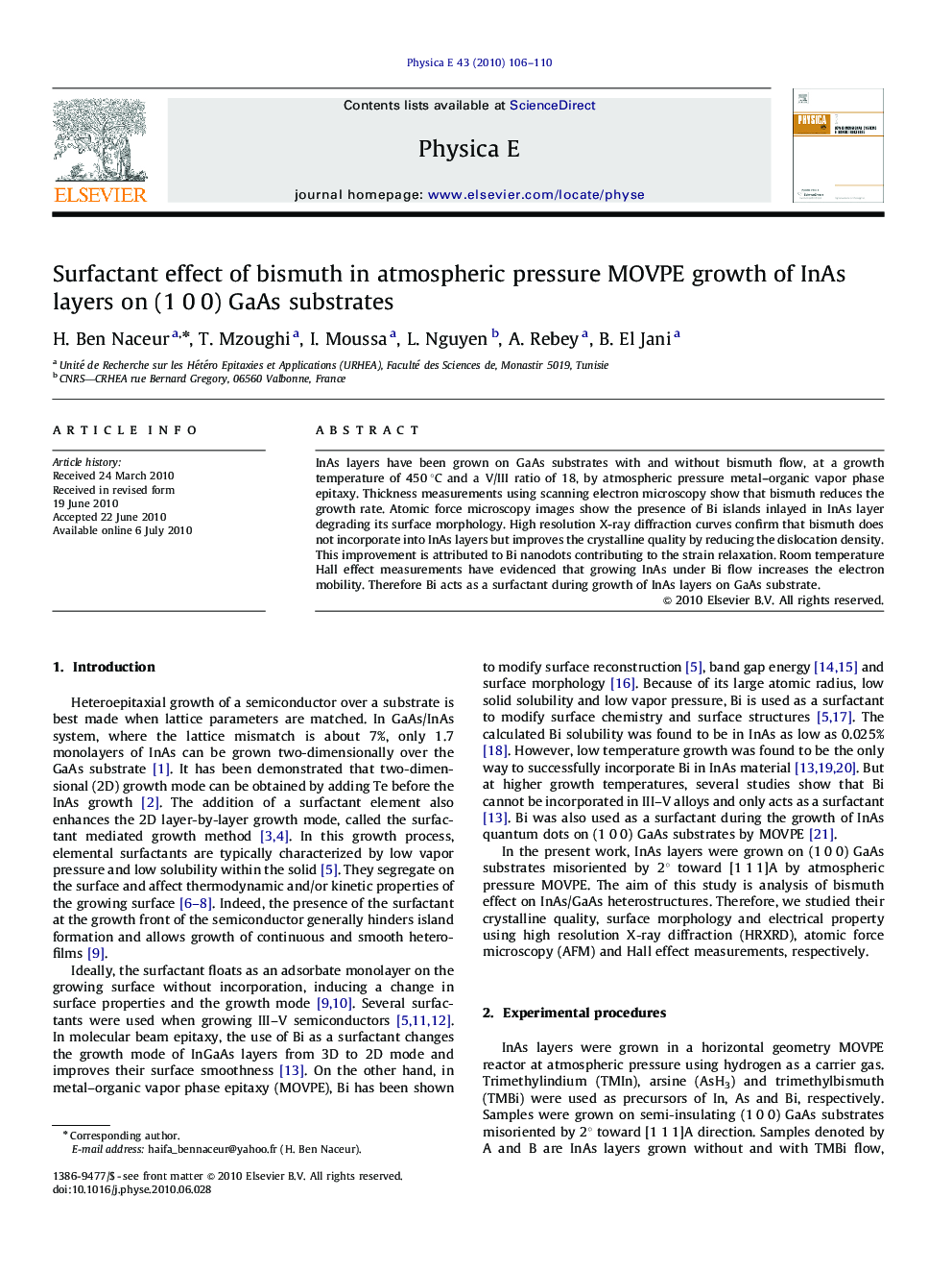 عکس صفحه اول مقاله: Surfactant effect of bismuth in atmospheric pressure MOVPE growth of InAs layers on (1Â 0Â 0) GaAs substrates Surfactant effect of bismuth in atmospheric pressure MOVPE growth of InAs layers on (1Â 0Â 0) GaAs substrates