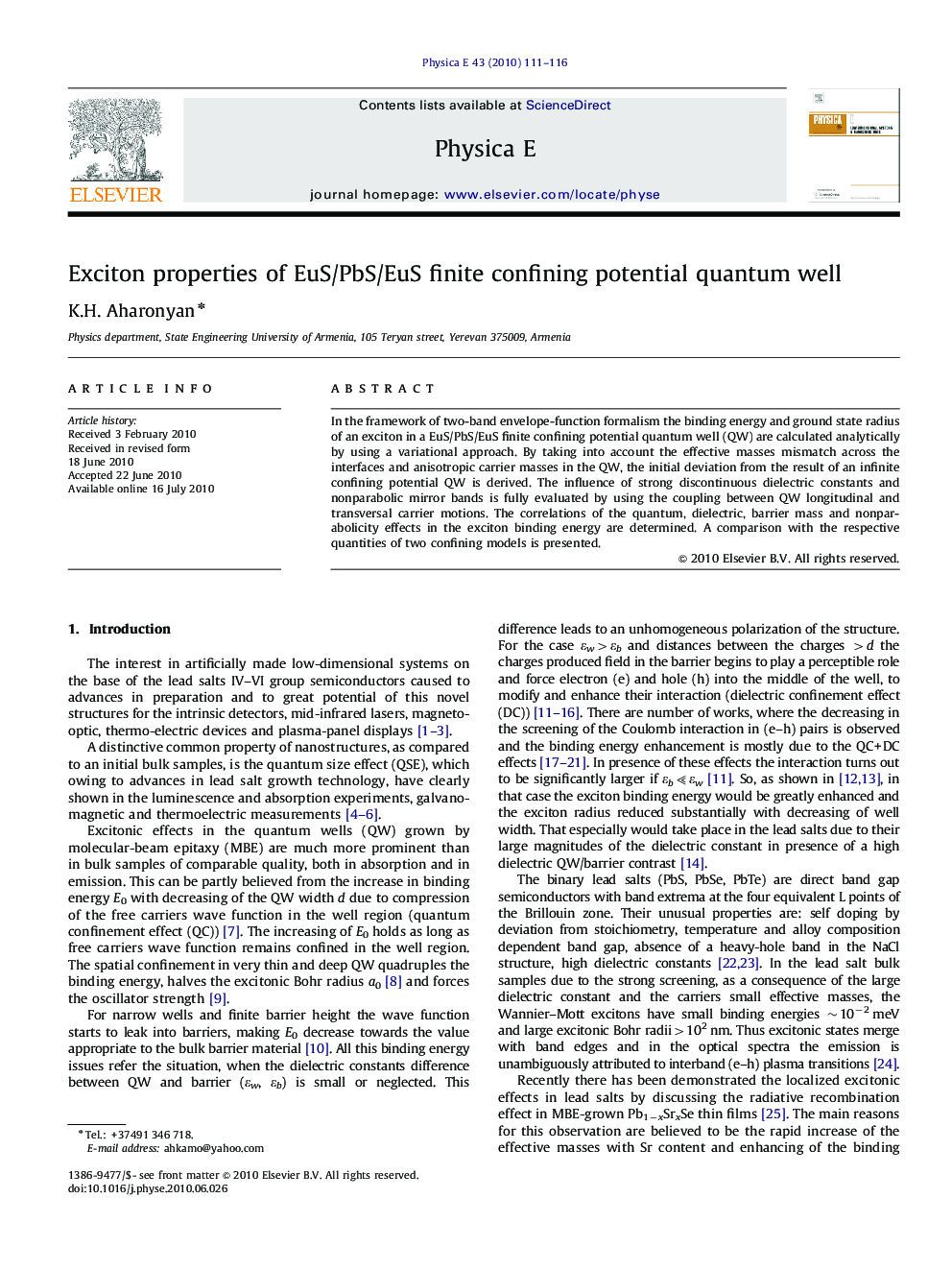 عکس صفحه اول مقاله: Exciton properties of EuS/PbS/EuS finite confining potential quantum well Exciton properties of EuS/PbS/EuS finite confining potential quantum well