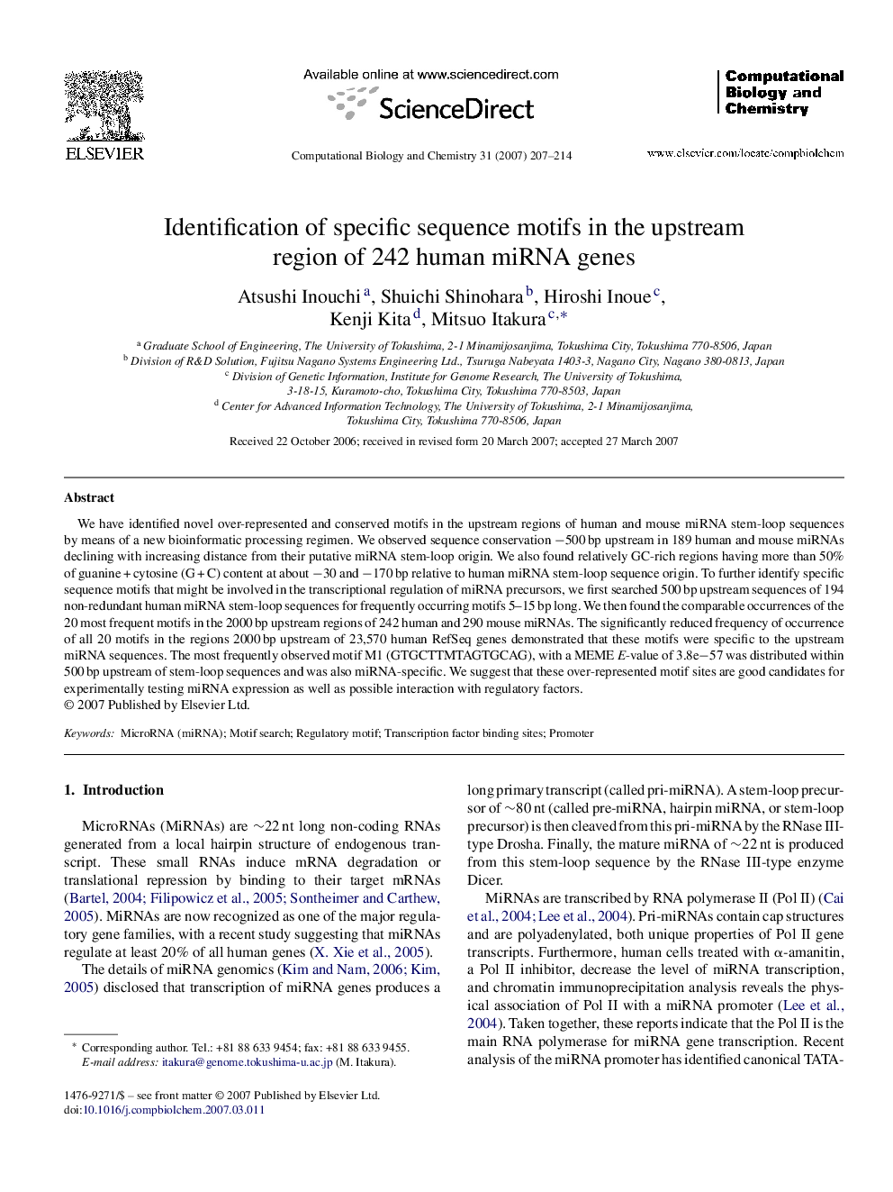 Identification of specific sequence motifs in the upstream region of 242 human miRNA genes