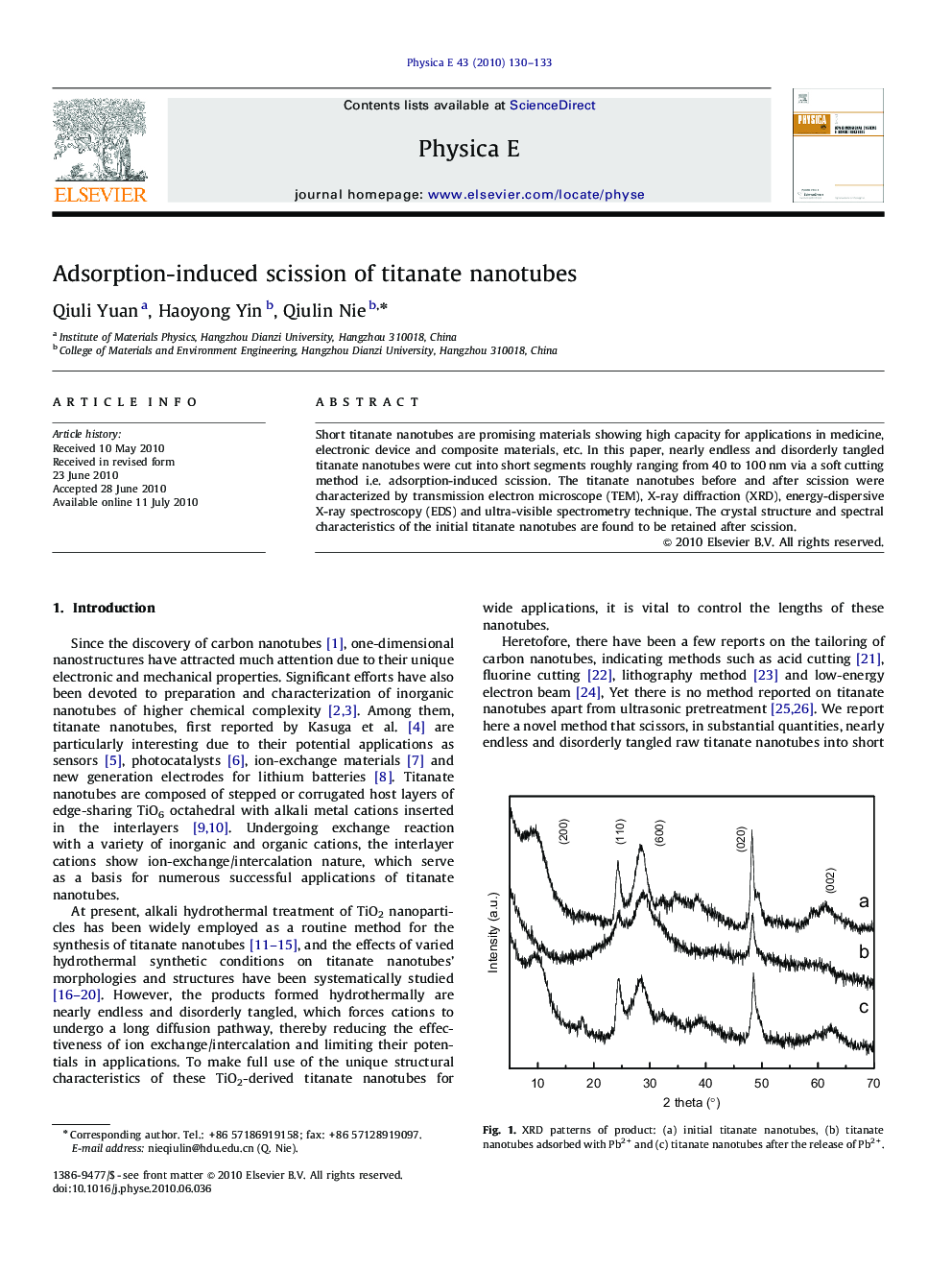 عکس صفحه اول مقاله: Adsorption-induced scission of titanate nanotubes Adsorption-induced scission of titanate nanotubes