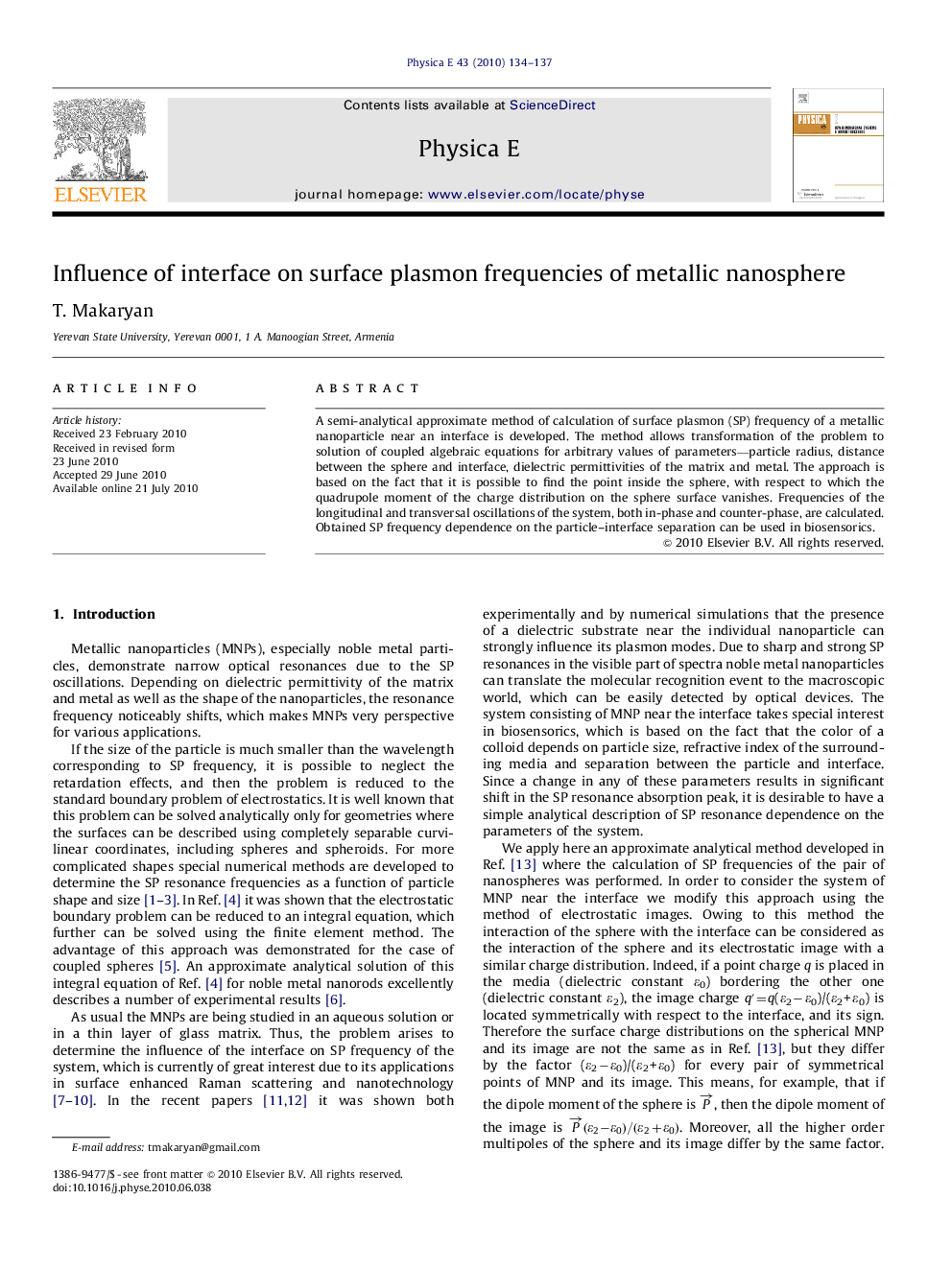 عکس صفحه اول مقاله: Influence of interface on surface plasmon frequencies of metallic nanosphere Influence of interface on surface plasmon frequencies of metallic nanosphere