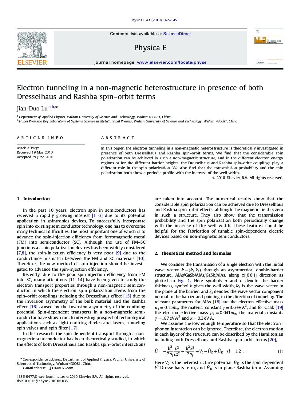 عکس صفحه اول مقاله: Electron tunneling in a non-magnetic heterostructure in presence of both Dresselhaus and Rashba spin–orbit terms Electron tunneling in a non-magnetic heterostructure in presence of both Dresselhaus and Rashba spin–orbit terms