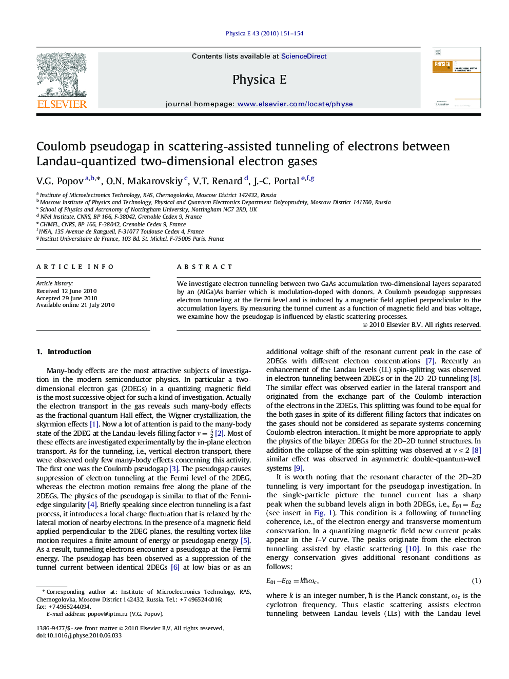 عکس صفحه اول مقاله: Coulomb pseudogap in scattering-assisted tunneling of electrons between Landau-quantized two-dimensional electron gases Coulomb pseudogap in scattering-assisted tunneling of electrons between Landau-quantized two-dimensional electron gases