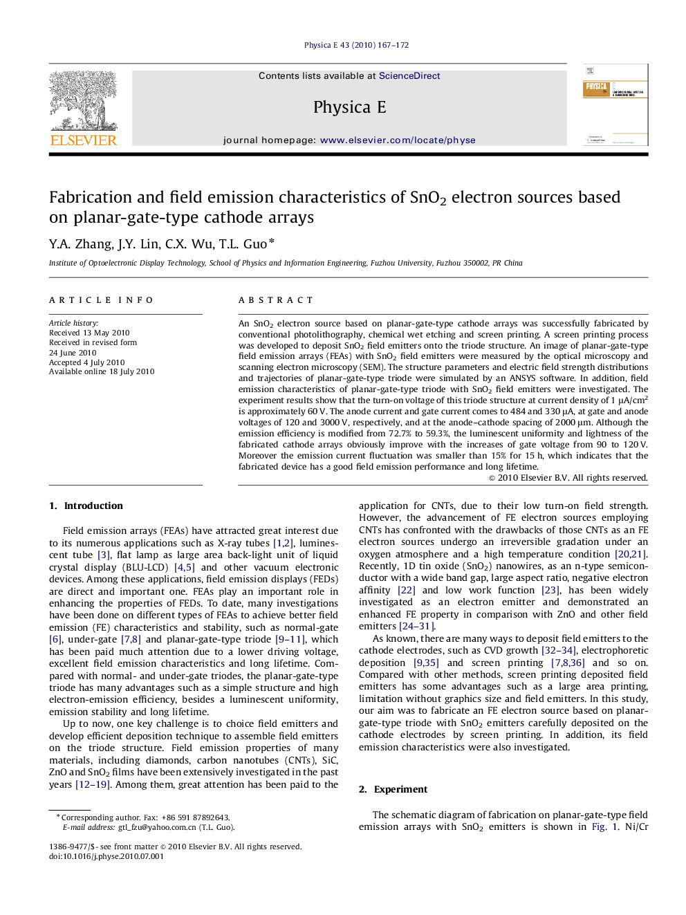 عکس صفحه اول مقاله: Fabrication and field emission characteristics of SnO2 electron sources based on planar-gate-type cathode arrays Fabrication and field emission characteristics of SnO2 electron sources based on planar-gate-type cathode arrays
