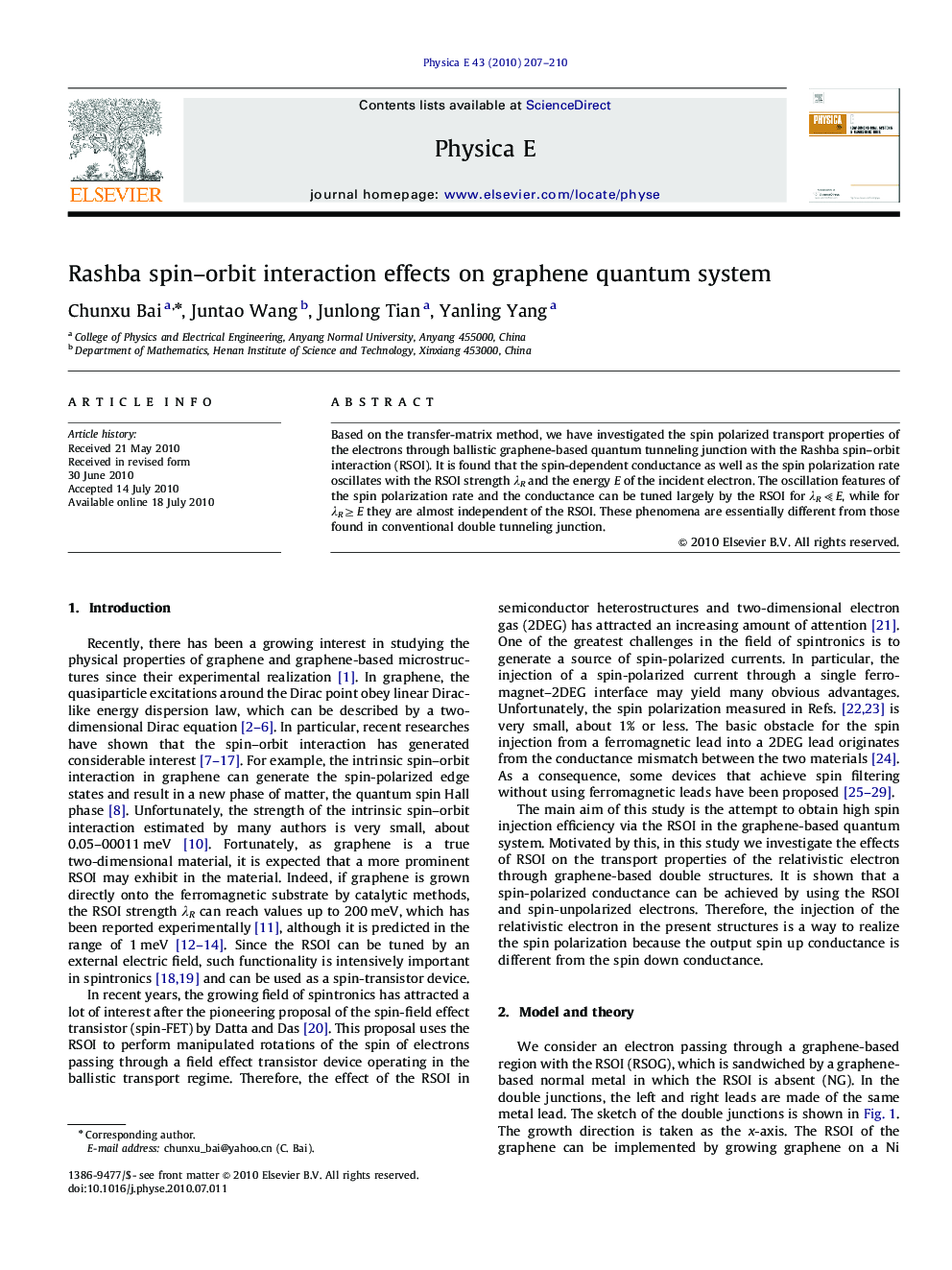 عکس صفحه اول مقاله: Rashba spin–orbit interaction effects on graphene quantum system Rashba spin–orbit interaction effects on graphene quantum system