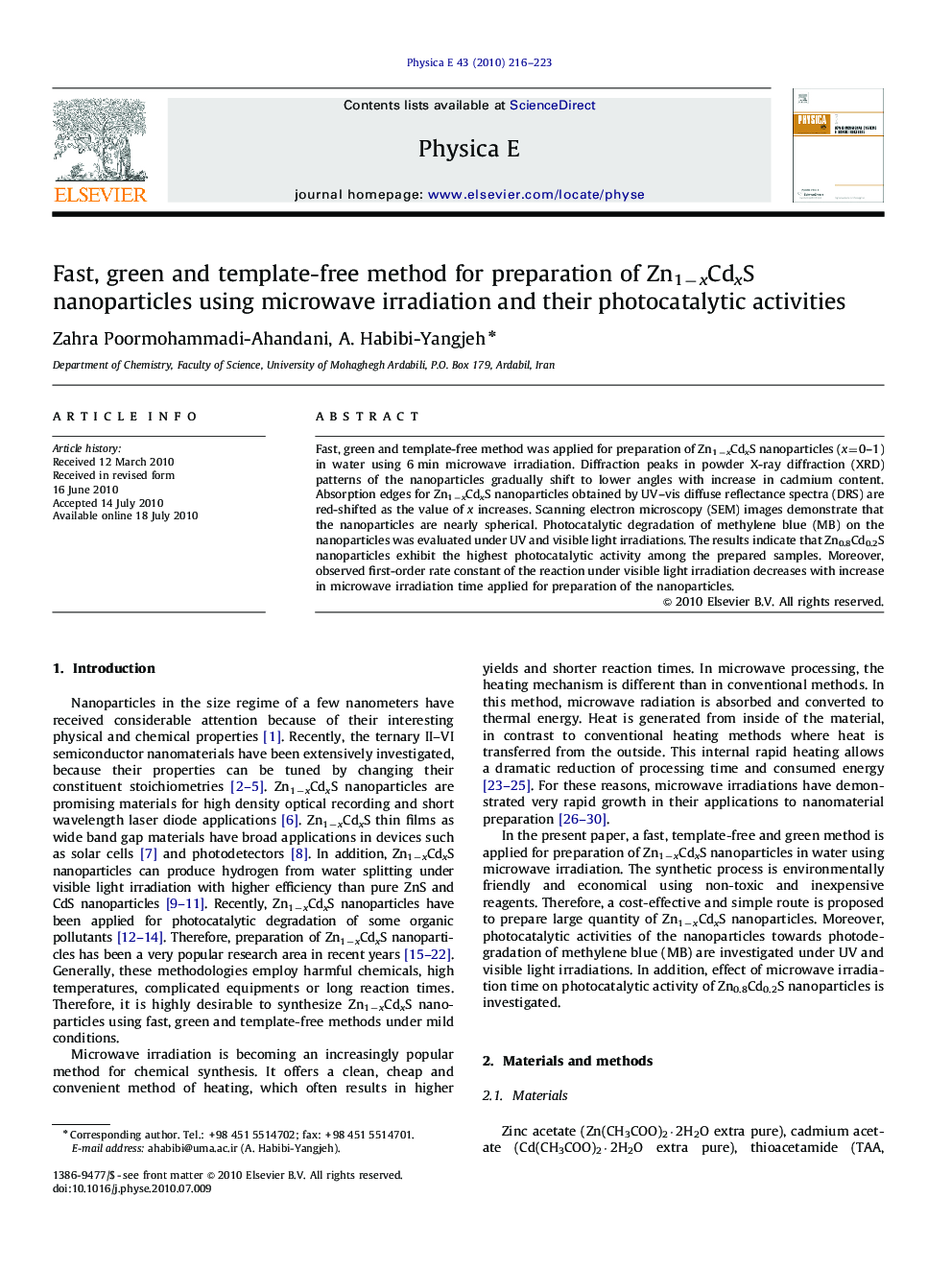 عکس صفحه اول مقاله: Fast, green and template-free method for preparation of Zn1−xCdxS nanoparticles using microwave irradiation and their photocatalytic activities Fast, green and template-free method for preparation of Zn1−xCdxS nanoparticles using microwave irradiation and their photocatalytic activities