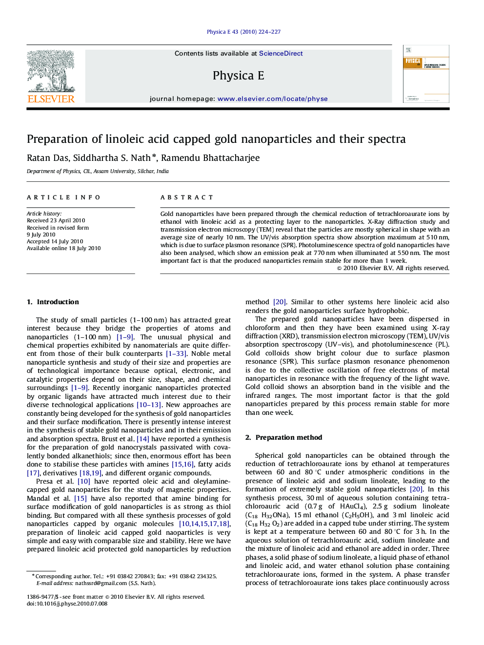 عکس صفحه اول مقاله: Preparation of linoleic acid capped gold nanoparticles and their spectra Preparation of linoleic acid capped gold nanoparticles and their spectra