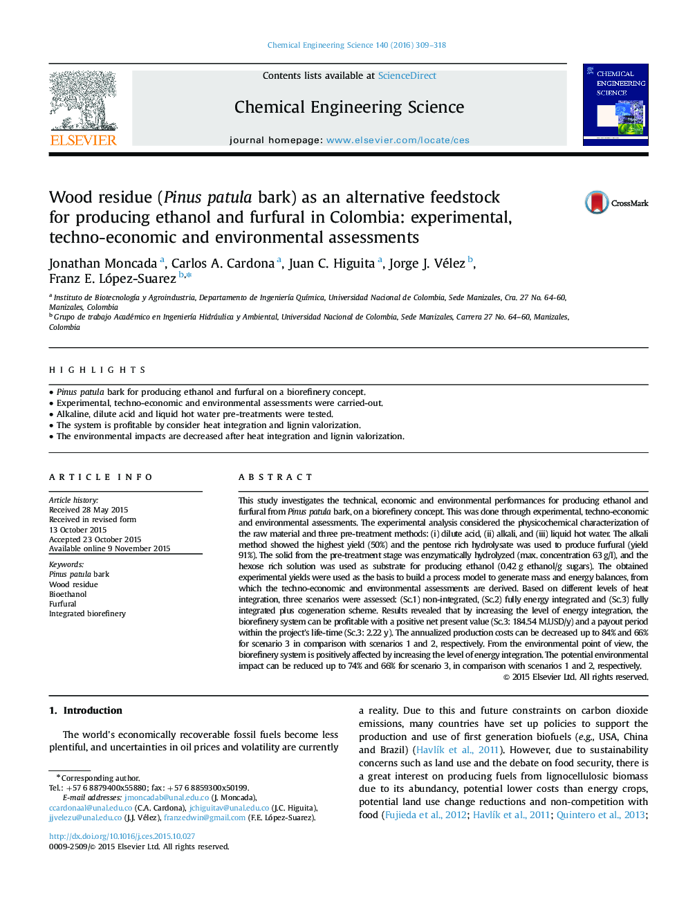 Wood residue (Pinus patula bark) as an alternative feedstock for producing ethanol and furfural in Colombia: experimental, techno-economic and environmental assessments