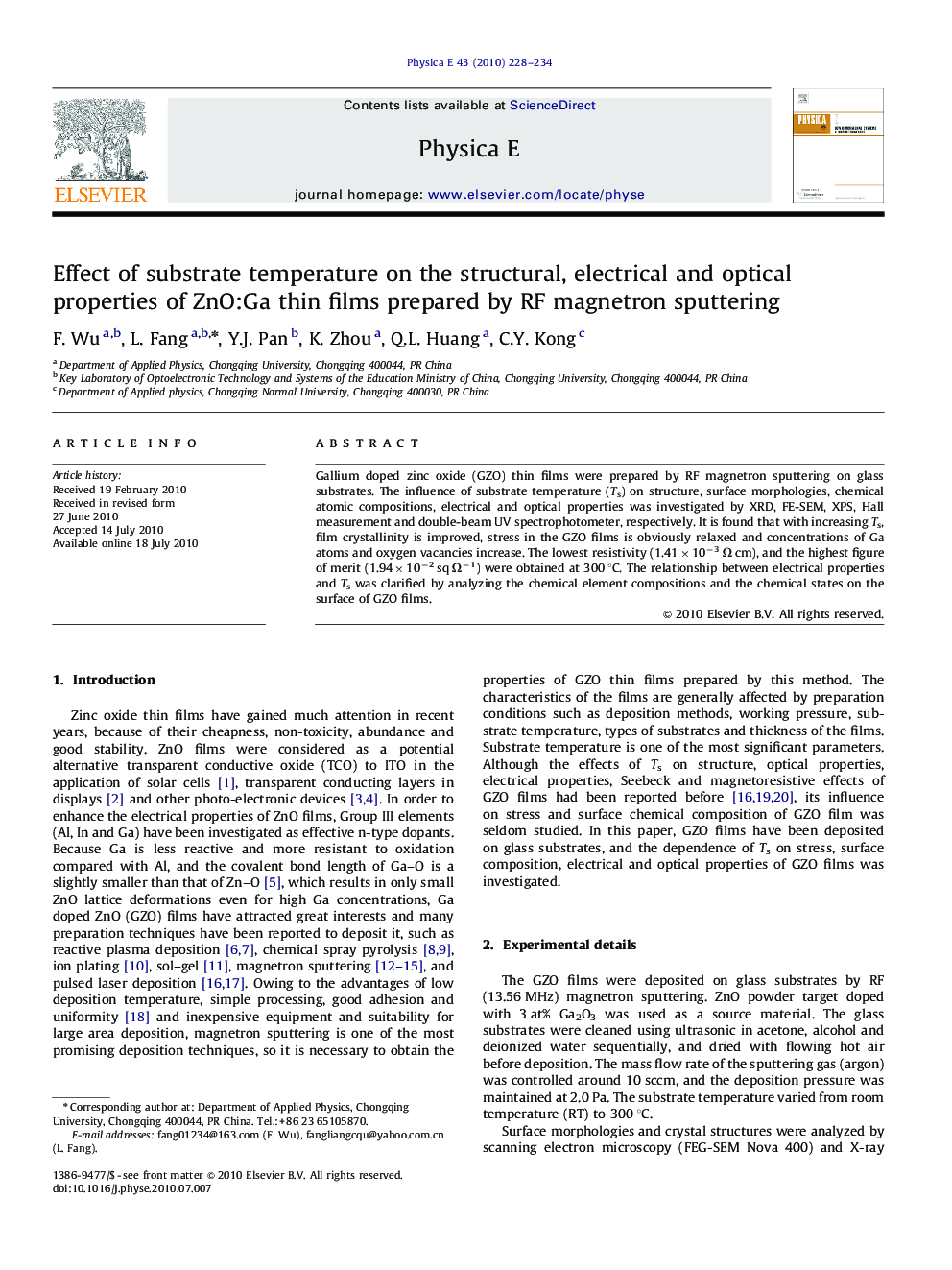 عکس صفحه اول مقاله: Effect of substrate temperature on the structural, electrical and optical properties of ZnO:Ga thin films prepared by RF magnetron sputtering Effect of substrate temperature on the structural, electrical and optical properties of ZnO:Ga thin films prepared by RF magnetron sputtering