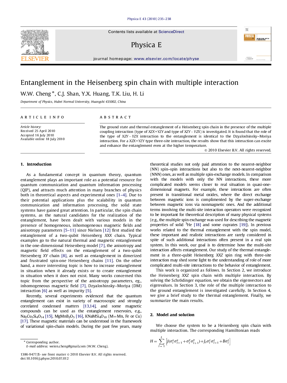 عکس صفحه اول مقاله: Entanglement in the Heisenberg spin chain with multiple interaction Entanglement in the Heisenberg spin chain with multiple interaction