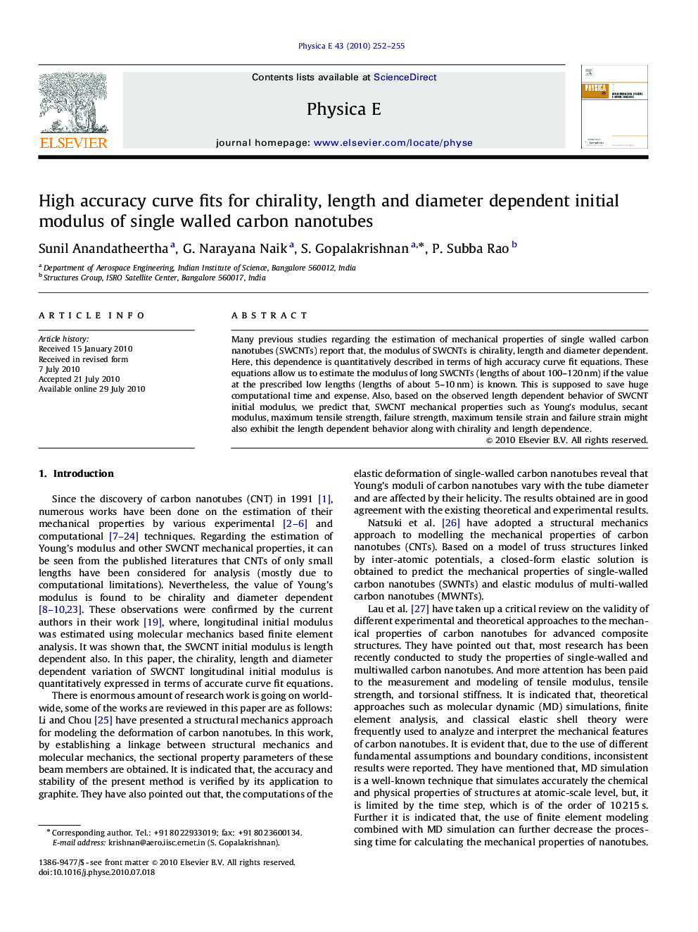 عکس صفحه اول مقاله: High accuracy curve fits for chirality, length and diameter dependent initial modulus of single walled carbon nanotubes High accuracy curve fits for chirality, length and diameter dependent initial modulus of single walled carbon nanotubes