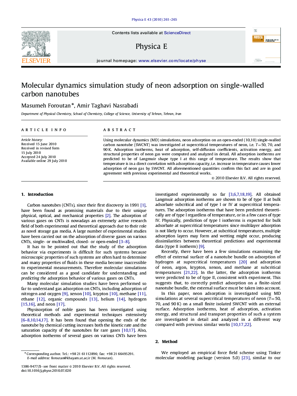 عکس صفحه اول مقاله: Molecular dynamics simulation study of neon adsorption on single-walled carbon nanotubes Molecular dynamics simulation study of neon adsorption on single-walled carbon nanotubes