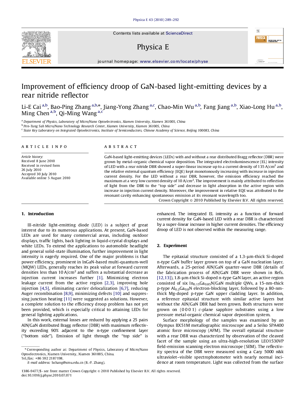 عکس صفحه اول مقاله: Improvement of efficiency droop of GaN-based light-emitting devices by a rear nitride reflector Improvement of efficiency droop of GaN-based light-emitting devices by a rear nitride reflector
