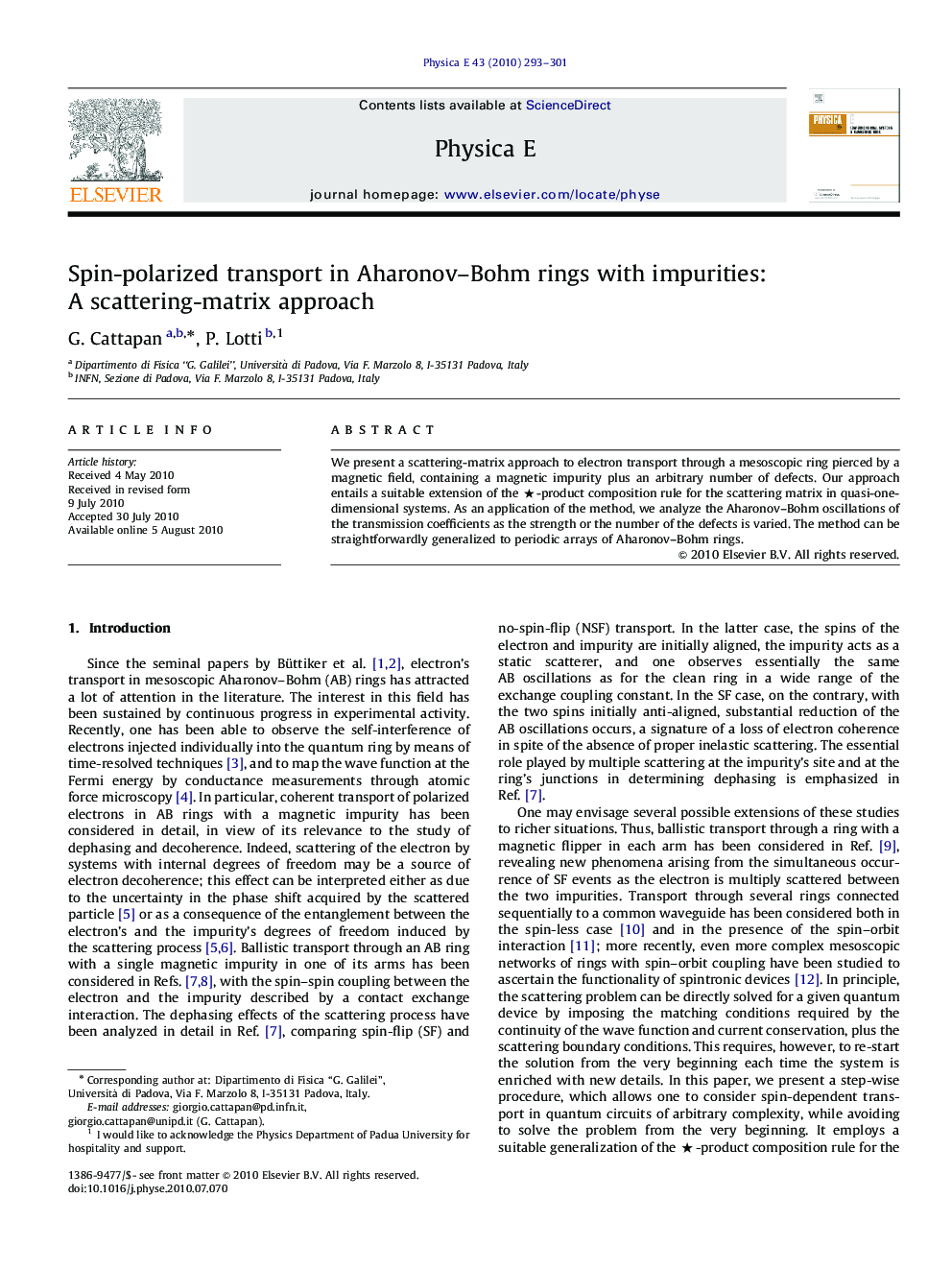 عکس صفحه اول مقاله: Spin-polarized transport in Aharonov–Bohm rings with impurities: A scattering-matrix approach Spin-polarized transport in Aharonov–Bohm rings with impurities: A scattering-matrix approach