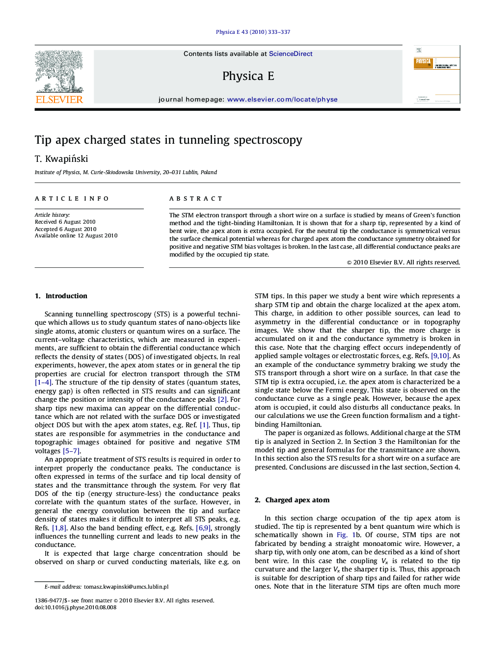 عکس صفحه اول مقاله: Tip apex charged states in tunneling spectroscopy Tip apex charged states in tunneling spectroscopy
