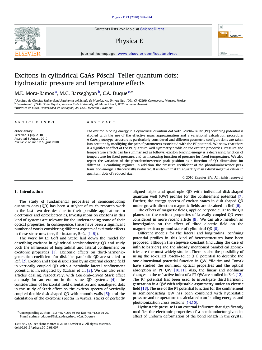 عکس صفحه اول مقاله: Excitons in cylindrical GaAs Pöschl-Teller quantum dots: Hydrostatic pressure and temperature effects Excitons in cylindrical GaAs Pöschl-Teller quantum dots: Hydrostatic pressure and temperature effects